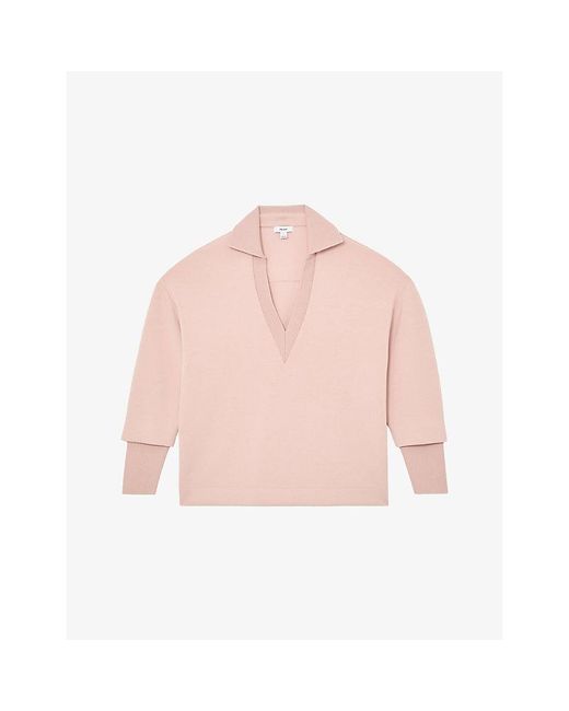 Reiss Pink Bernie Open-Collar Relaxed-Fit Stretch-Woven Jumper