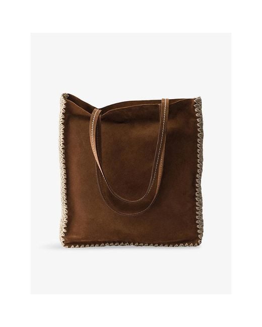 Prada Brown Logo-Print Large Suede And Crochet Tote Bag