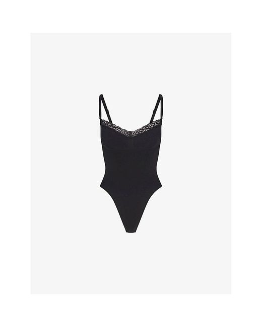 Skims Black Seamless Sculpt Lace Thong Jersey Bodysuit