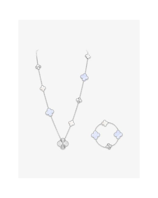 Van Cleef & Arpels White Magic Alhambra Transformable Guilloché Rhodium Plated 18Ct- Chalcedony And Mother-Of-Pearl Necklace