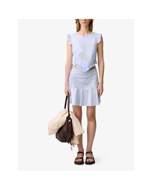 Claudie Pierlot Blue Striped Ruffled Cotton Top