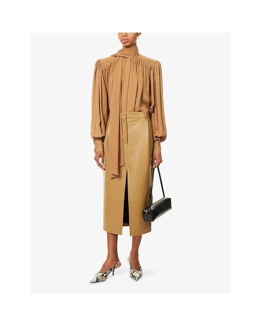 Khaite Natural Anden Split-Hem Leather Midi Skirt