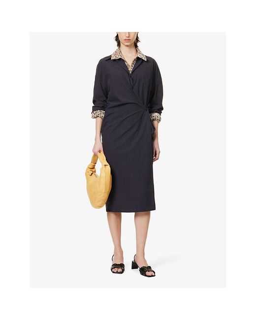 Lemaire Blue Twisted Wrap-over Cotton Midi Dress