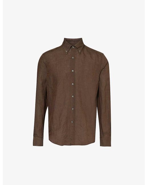 Oscar Jacobson Brown Signature Button-down Collar Linen Shirt for men