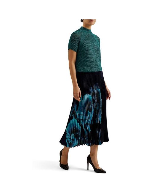 Ted Baker Blue Izmir Floral-print Pleated Recycled-polyester Midi Skirt