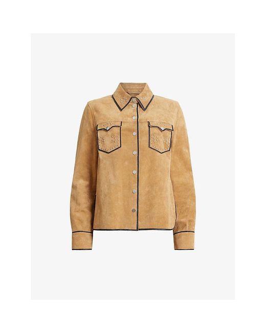AllSaints Natural Karlson Lea Stud-embellished Relaxed-fit Suede Shirt