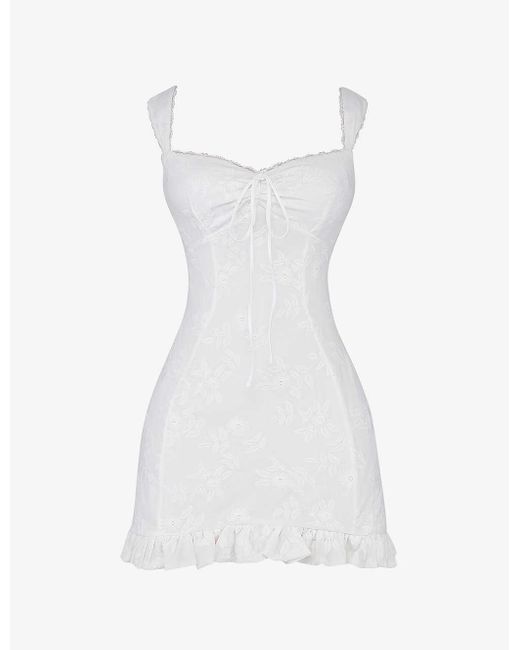 House Of Cb White Odessa Floral-embroidered Cotton-blend Mini Dres