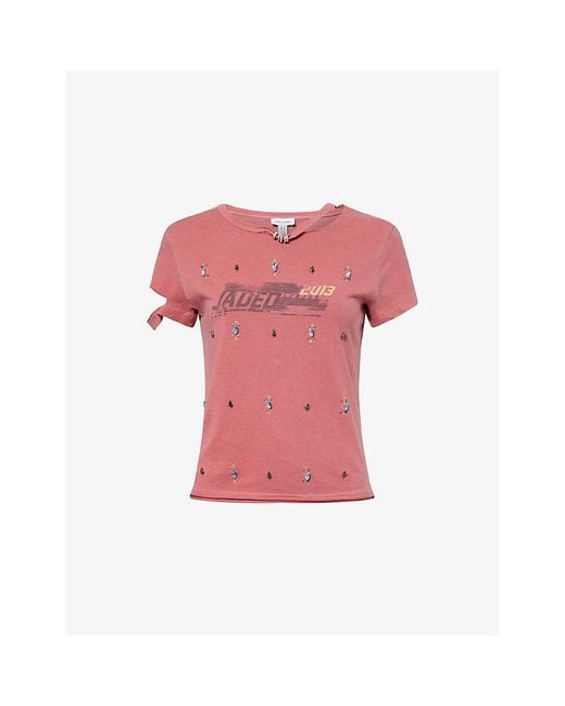 Jaded London Pink Distressed Jewel Cotton T-Shirt