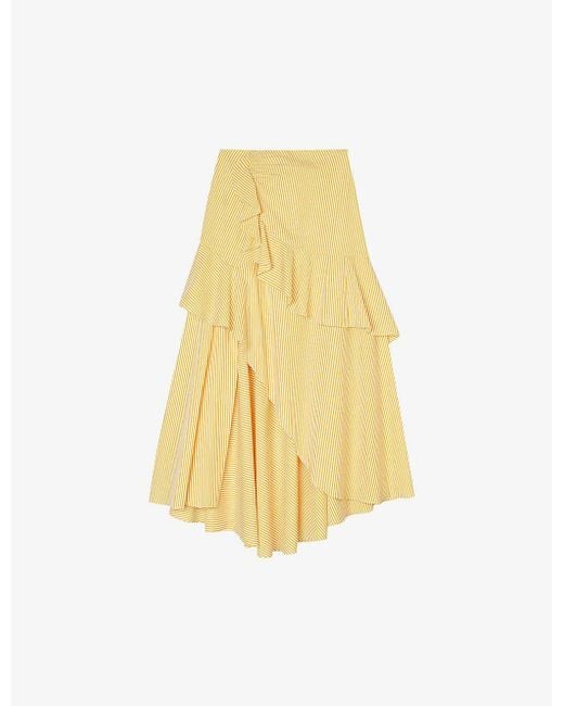 Sandro Yellow Stripe-pattern Cotton Midi Skirt