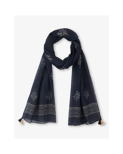 The White Company Blue Leaf-motif Tassel-embroidered Cotton And Silk-blend Scarf