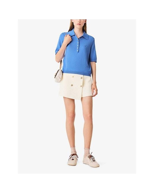 Maje Blue Brand-Embroidered Short-Sleeve Wool Polo Jumper