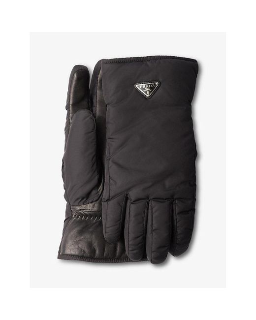 Prada Black Triangle-Logo Leather And Re-Nylon Gloves for men