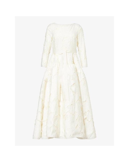 Huishan Zhang White Floral-pattern Puffed-hem Woven Maxi Dress