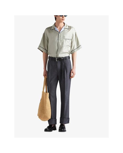 Prada Gray Logo-Embroidered Relaxed-Fit Short-Sleeve Silk Shirt for men
