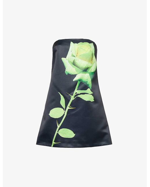 David Koma Green Floral-print Slim-fit Satin Mini Dress