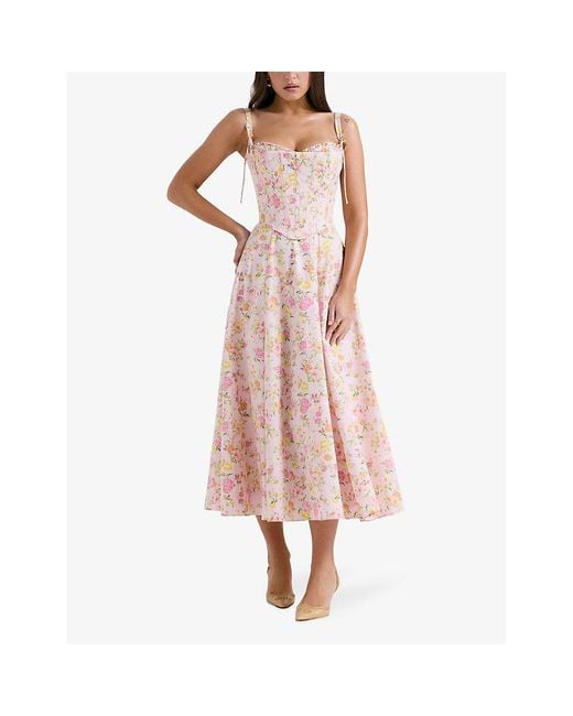 House Of Cb Pink Clarabelle Corseted Floral-Print Stretch-Woven Midi Dress