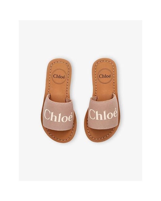 Chloé Natural Kids' Logo-Print Woven Sliders