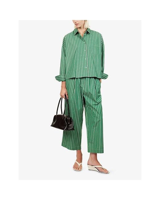 Weekend by Maxmara Green Pinstripe Wide-Leg Cotton Trousers