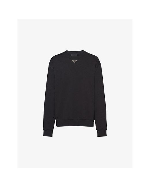 Prada Black Logo-plaque Crewneck Relaxed-fit Cotton-jersey Sweatshirt for men