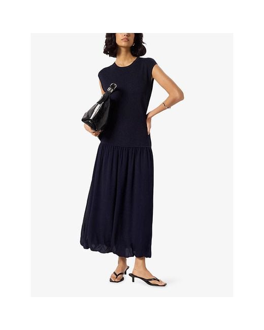 Whistles Blue Crewneck Bubble-Hem Stretch-Knit Midi Dress