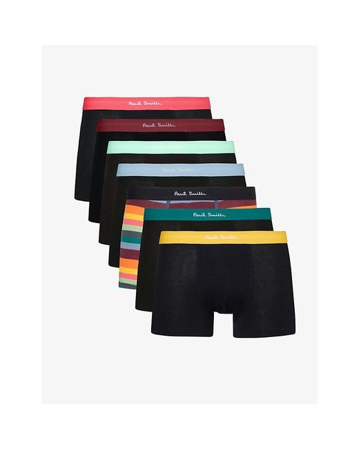 Paul Smith Black Branded-waistband Pack Of Seven Stretch Organic-cotton Trunks for men