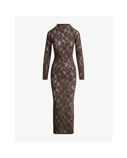 skims lace dress brown Skims Mock Neck Long Dress in Brown