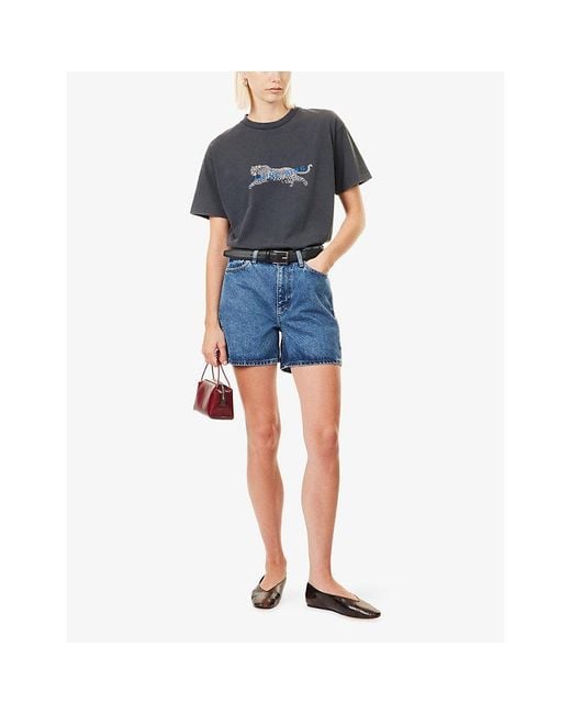 Anine Bing Blue Relaxed-Fit Embroidered-Logo Cotton T-Shirt
