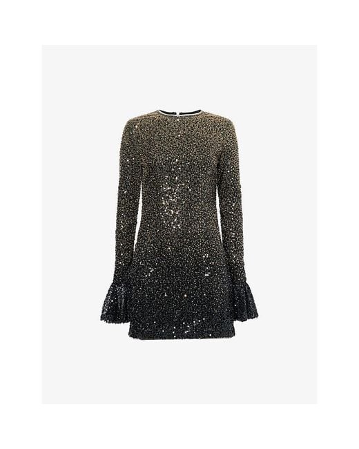 ROTATE BIRGER CHRISTENSEN Gray Beaded Ruffled-Cuffs Woven Mini Dress