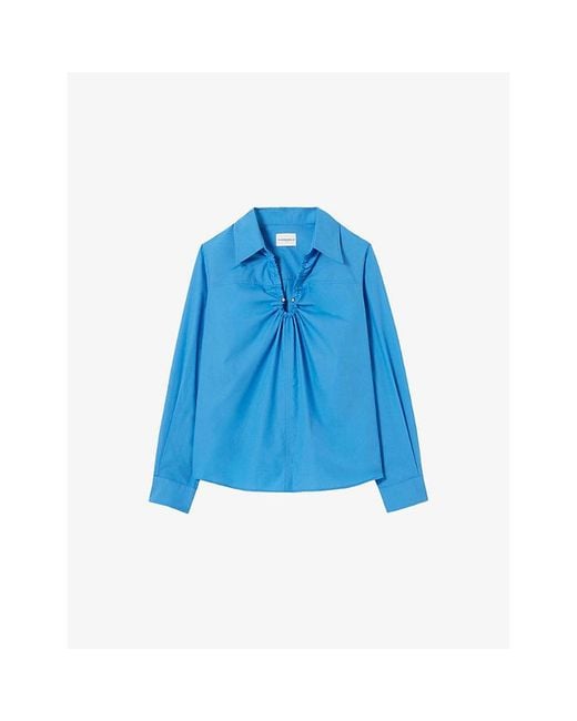 Claudie Pierlot Blue Relaxed-Fit V-Neck Cotton Blouse