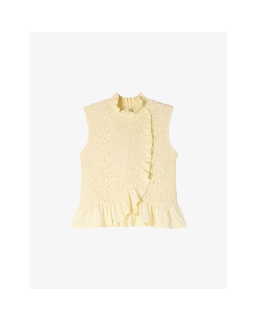 Sandro Metallic Smocked Ruffled-Collar Stretch-Woven Top