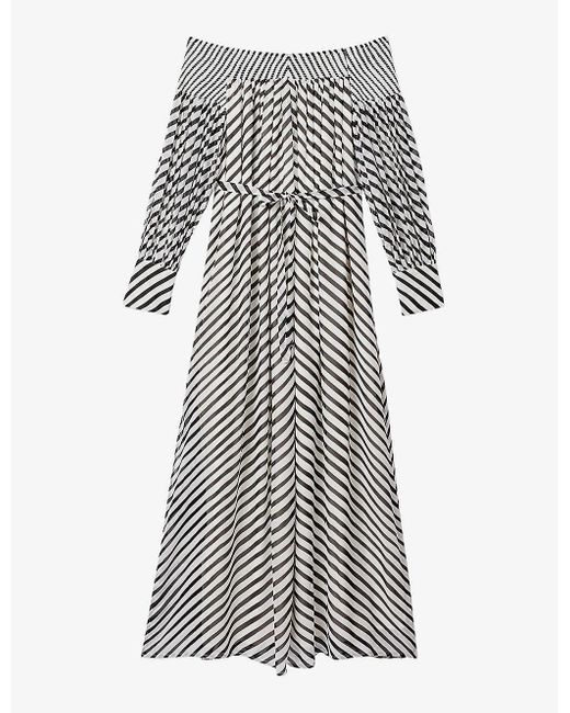 Reiss White Fabia Bardot Striped Woven Maxi Dress