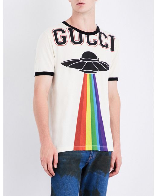 Gucci White Rainbow Ufo-print Cotton-jersey T-shirt for men