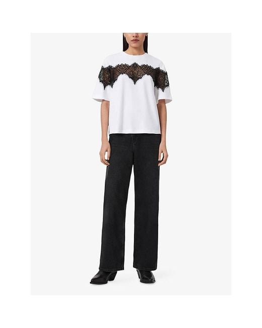 AllSaints Black Lisa Lace-Embroidered Cotton T-Shirt