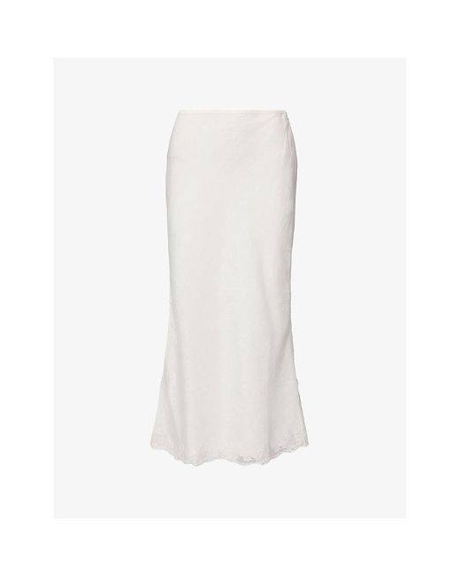 Rixo White Crystal Lace-trim Mid-rise Linen-blend Midi Skirt