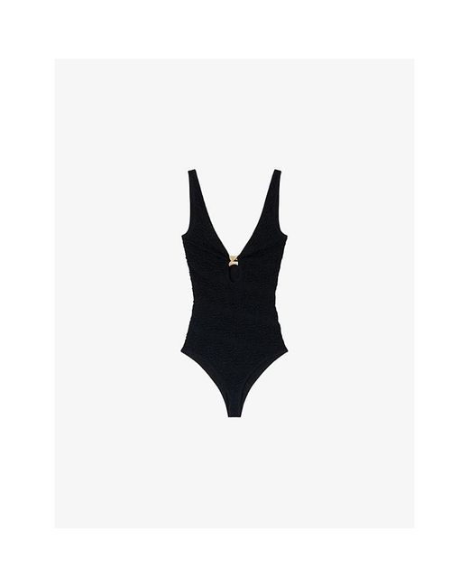 Sandro Black Hardware-Embellished V-Neck Stretch-Woven Body