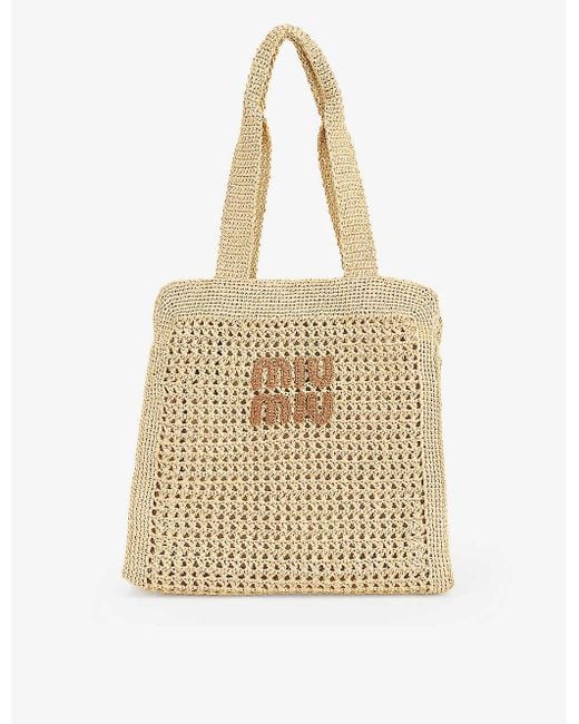 Miu Miu Natural Woven-branding Raffia Tote Bag