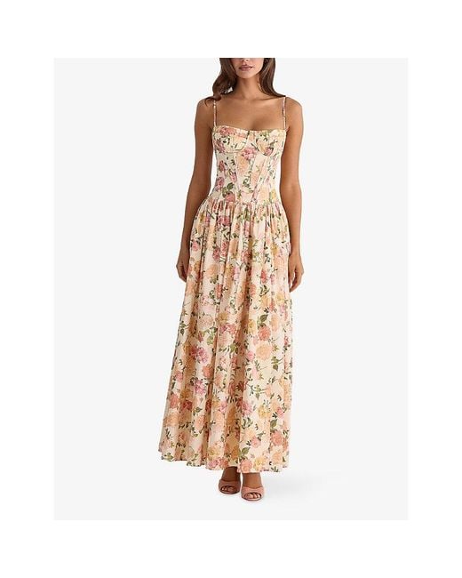House Of Cb Metallic Rona Floral-Print Stretch-Cotton Midi Dress Xs (A-C Cup)