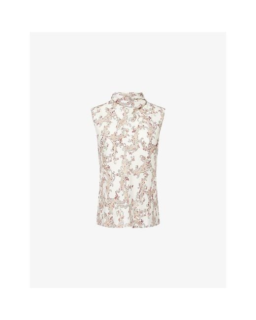 ME+EM White Floral-Print Sleeveless Silk Top