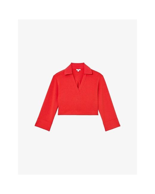 Reiss Red Bea Premium Interlock Open-Collar Sweatshirt