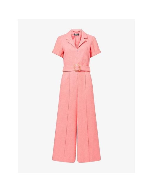 ME+EM Pink Notched-Collar Belted Cotton-Tweed Jumpsuit