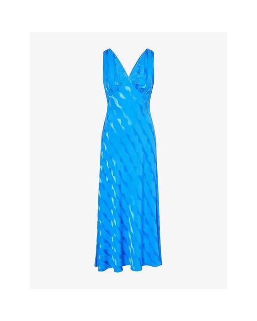Rixo Blue Sandrine Plunge-V-Neck Woven Midi Dress