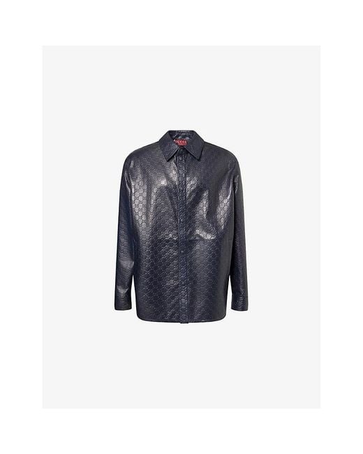 Gucci Blue Embossed Monogram-Pattern Long-Sleeve Faux-Leather Shirt for men
