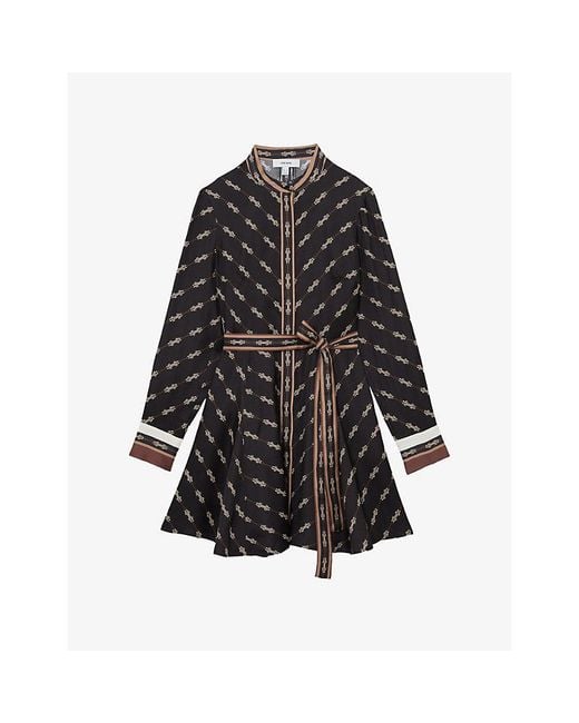 Reiss Black Nina Chain-Print Belted-Waist Woven Mini Dress