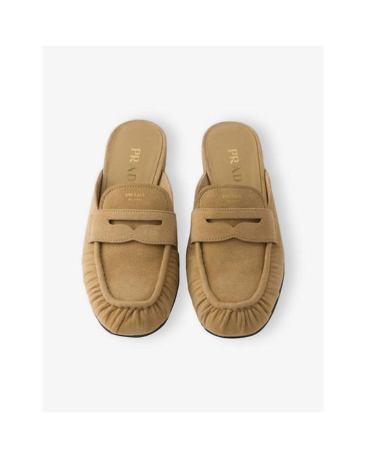Prada Natural Ruched Suede Mules