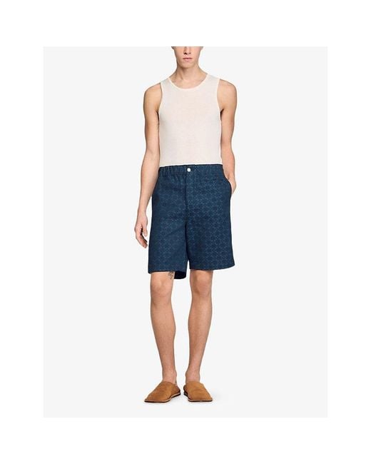 Sandro Blue Grid-Pattern Elasticated-Waist Denim Shorts for men