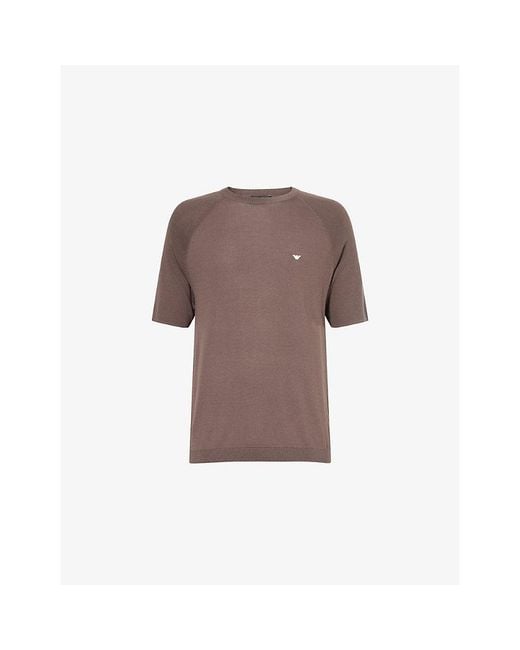 Emporio Armani Brown Logo-Embroidered Crew-Neck Knitted Top for men