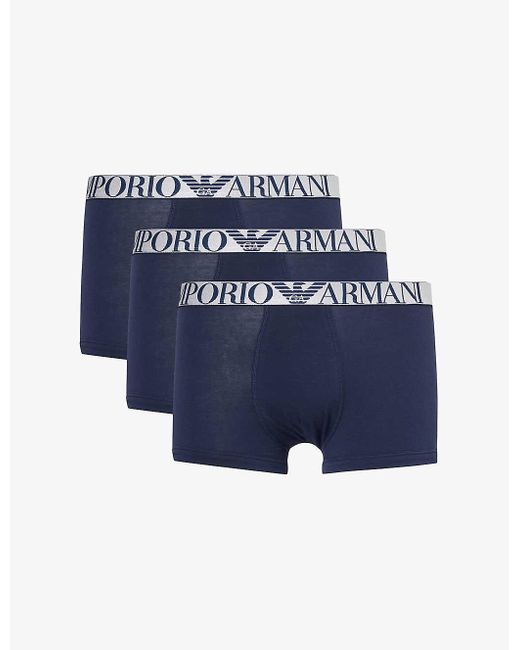 Emporio Armani Blue Branded-waistband Pack Of Three Stretch-cotton Trunks for men
