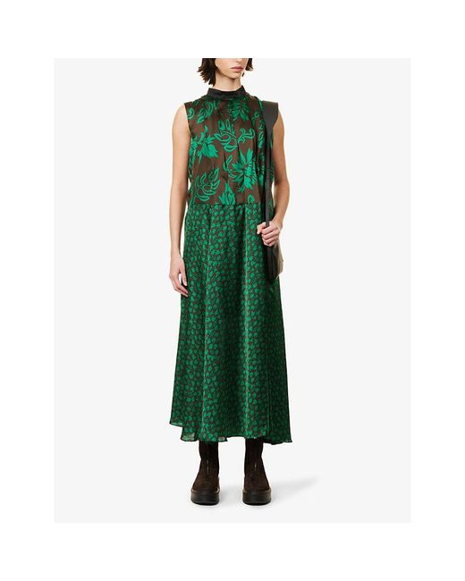 Sacai Green High-neck Floral-pattern Satin Maxi Dress X