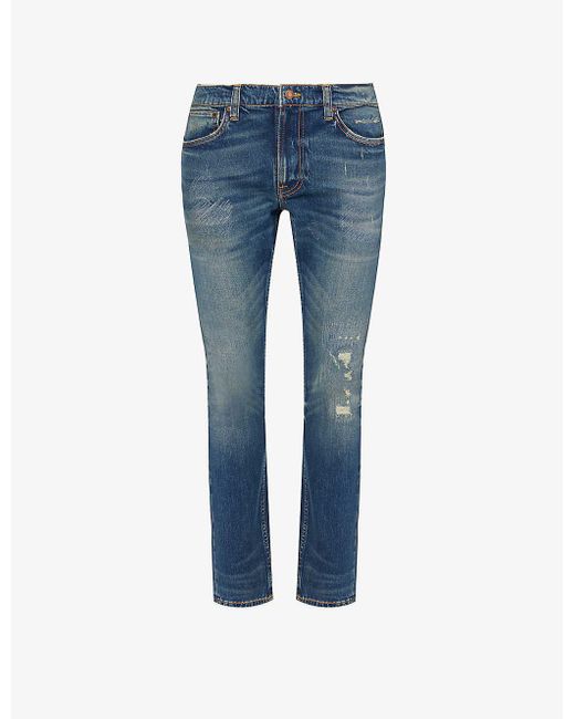 Nudie Jeans Blue Lean Dean Distressed Slim-fit Tapered-leg Stretch-denim Jeans for men
