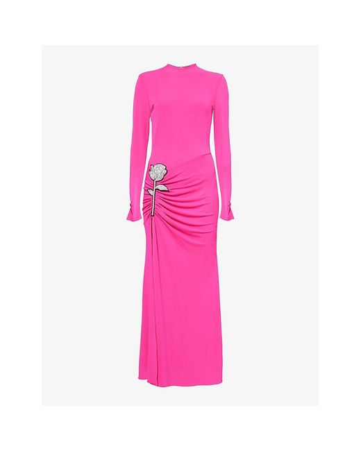 David Koma Pink Floral-embellished Slim-fit Stretch-jersey Maxi Dress